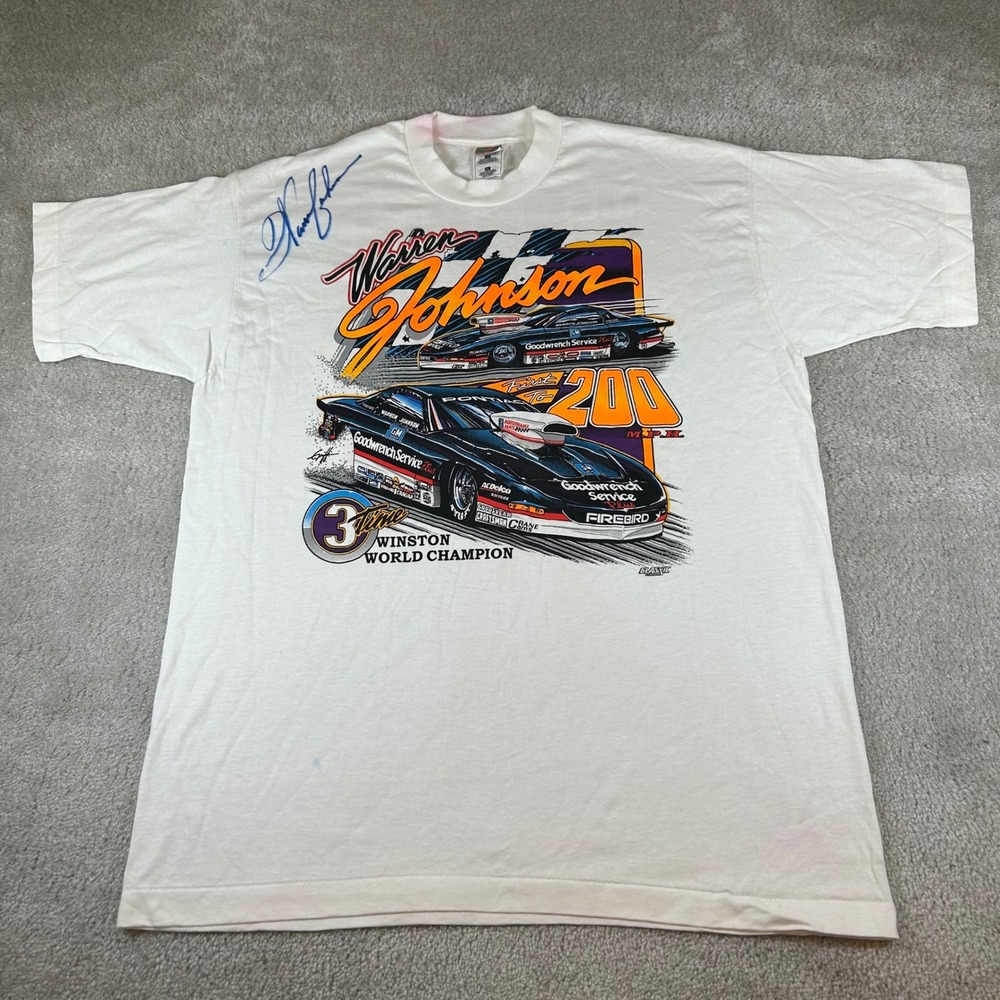 Vintage 90s Warren Johnson T-Shirt Mens XL White Signed NHRA Drag Racing USA